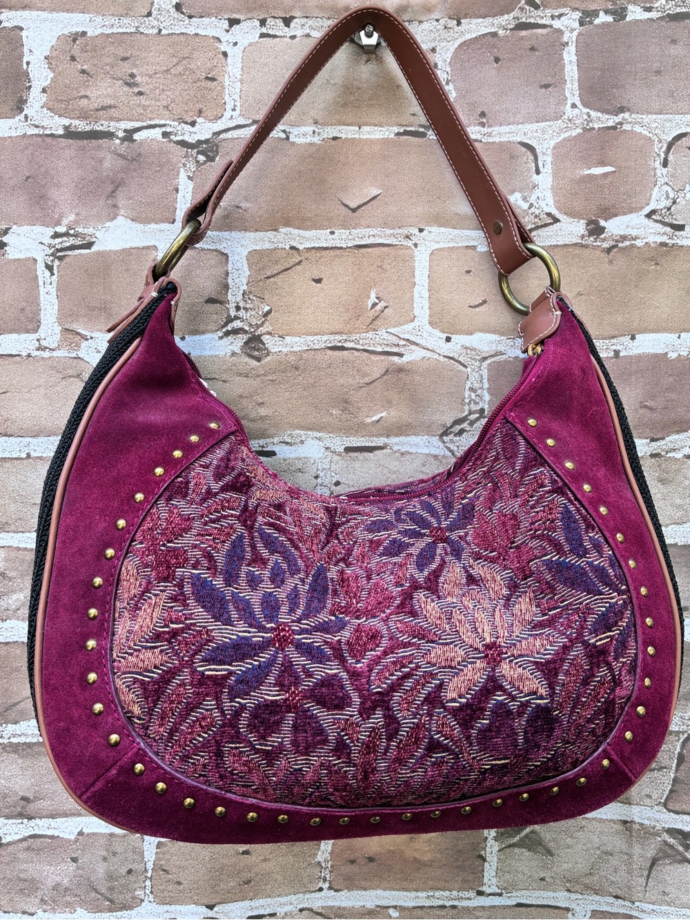 Vtg y2K The Sak pink label Berry Suede Floral Embroidered tapestry Hobo purse
